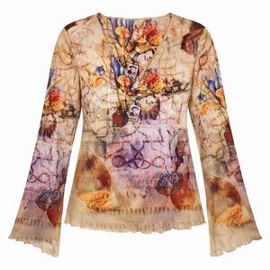 One World Y2K Tattoo Art Sheer Mesh Top Bell Sleeve V-Neck Floral Fairycore M